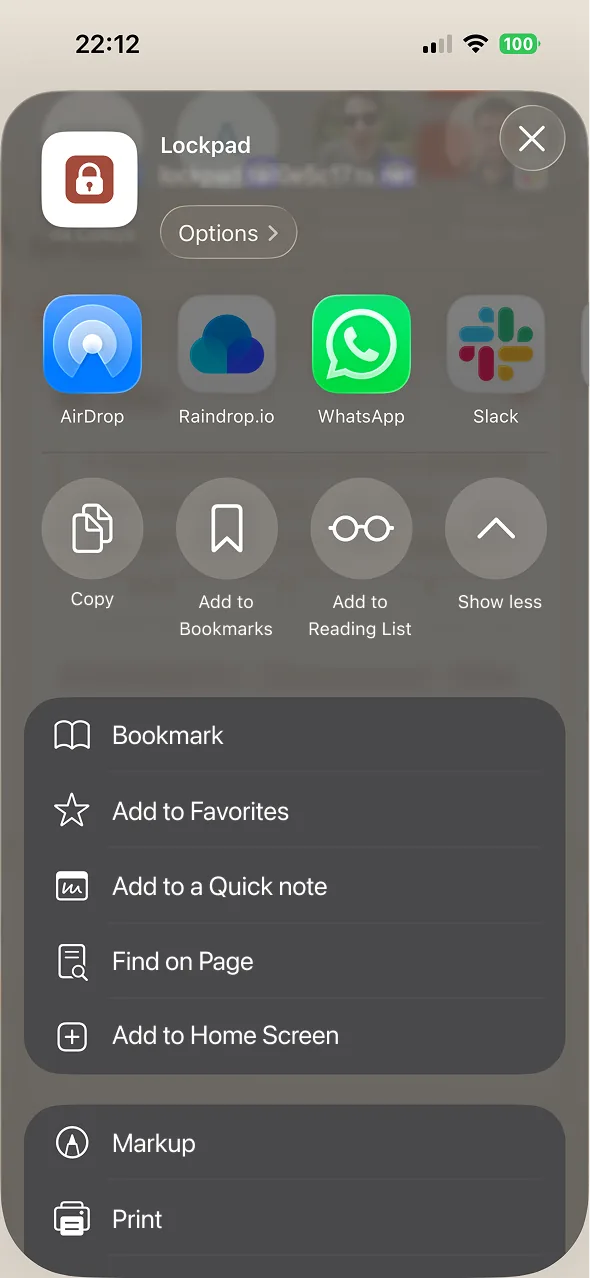 Safari's share sheet open on Lockpad, with Add to Home Screen in the list.